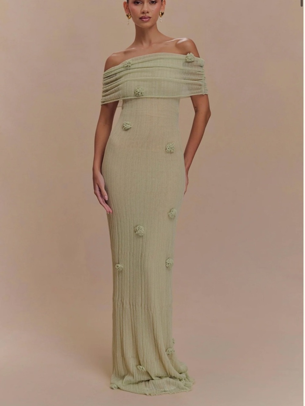 Meshki Brynn Orchid Knit Off-Shoulder Sage Green Maxi Dress with Floral Appliqué
